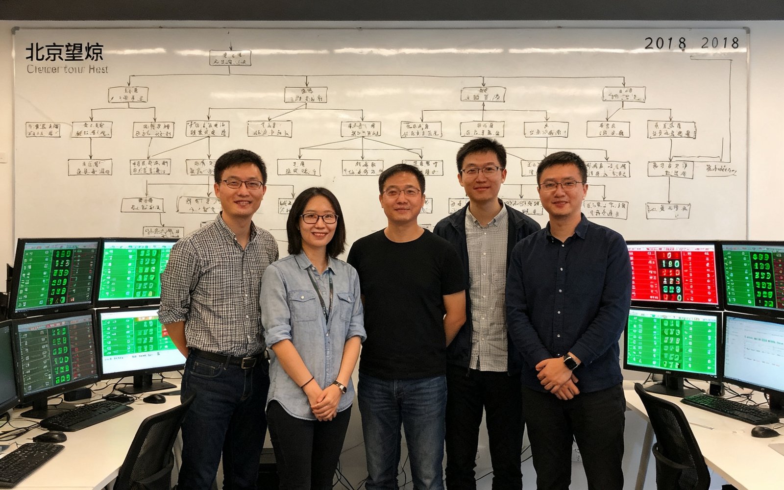 6686体育创始团队五人于2018年在北京望京创业办公室的合影，白板上画满赛事数据结构图，桌上摆放着多台显示实时比分的显示器。